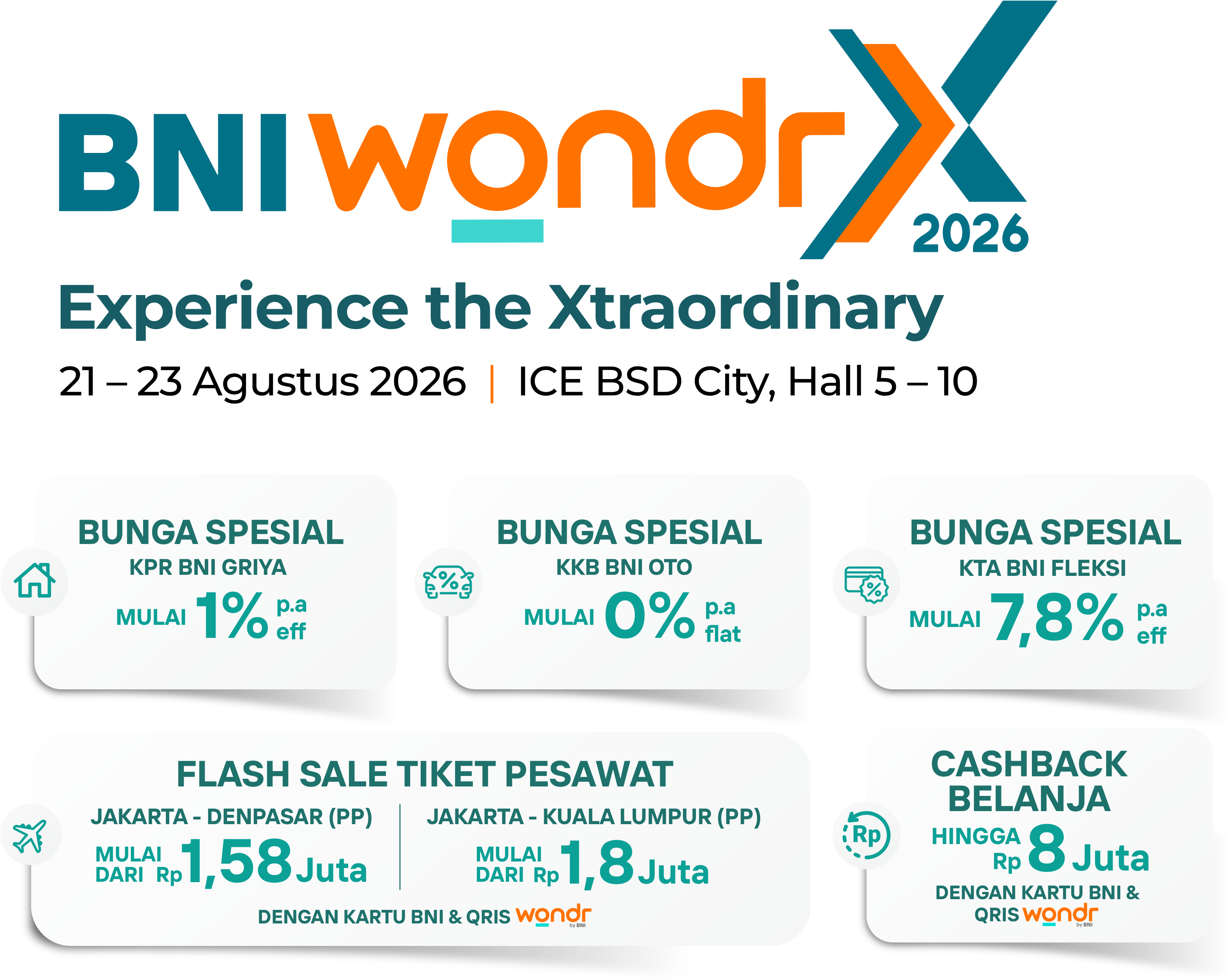 BNI wondrX 2026 — Experience The Xtraordinary. Bunga spesial KPR BNI Griya mulai 1% p.a eff, KKB BNI Oto mulai 0% p.a flat, KTA BNI Fleksi mulai 7,8% p.a eff. Flash sale tiket pesawat & cashback belanja hingga Rp 8 Juta dengan Kartu BNI & QRIS wondr.