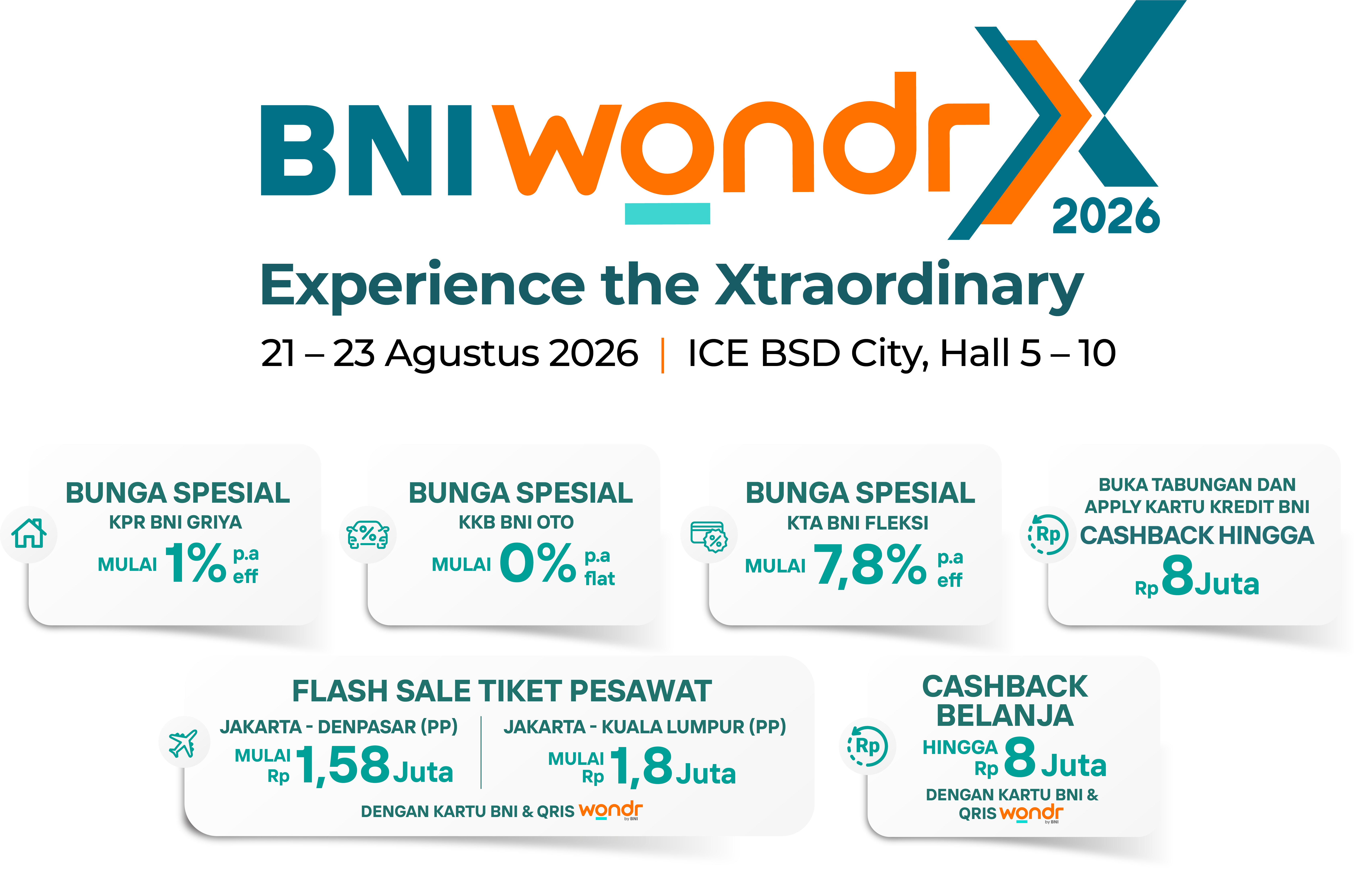 BNI wondrX 2026 — Experience The Xtraordinary. Bunga spesial KPR BNI Griya mulai 1% p.a eff, KKB BNI Oto mulai 0% p.a flat, KTA BNI Fleksi mulai 7,8% p.a eff. Flash sale tiket pesawat & cashback belanja hingga Rp 8 Juta dengan Kartu BNI & QRIS wondr.